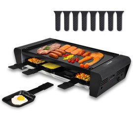 TAMARIT Raclette Table Grill for 8, 2 in 1 Raclette Grill Small Swiss Style Raclette PFAS-No Nonstick Reversible Grill/Griddle Plate Adjustable Temperature Control 1300 W, 8 Raclette Cheese Pans Black