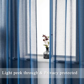 DUALIFE Navy Blue Sheer Curtains 63 Inches Long for Kitchen 2 Panel Set Rod Pocket Light Reducing Linen Look Nautical Indigo Blue Sheer Curtains for Bedroom Kids Nursery Boys Room 52x63 Inch Length