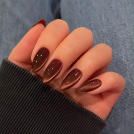 KQueenest Cat Eye Warm Brown Press on Nails Almond, Glitter Press on Nails Medium, Sparkly Shiny Soft Gel Fake Nails Set, Cute Bling Chrome Glue on Nails Medium Stiletto for Women Fall Winter 30 Pcs