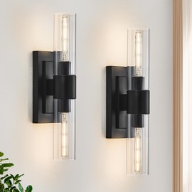 ZSMAIKU Black Wall Sconces Set of Two,Modern Bathroom Light Fixtures,2-Light Sconces Wall Lighting with Clear Glass,19 in Indoor Wall Lights for Bedroom，Living Room,Corridor,Mirror,Stairs E26 Base