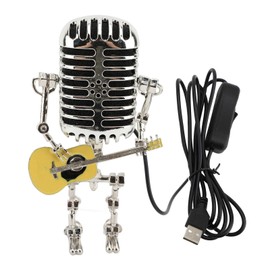 Srliya Vintage Microphone Guitar Robot Table Lamp Aluminum Retro Metal Robot Night Light for Bedroom Desk Home Decor (Yellow)