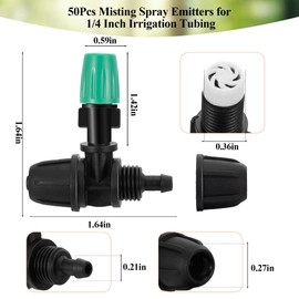 50Pcs Micro Misting Spray Emitters for 1/4 Inch Irrigation Tubing, 3 Way Lock Barbed Adjustable Misting Nozzle 1/4" Drip Line Misting Emitters Drip System Parts for Garden Watering Sprinkler System