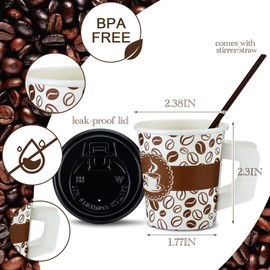 Tessco 200 Set 4 oz Disposable Espresso Cups Bulk with Wide Comfort Handles Small Paper Hot Coffee Cups Stylish Printed Paper Coffee Cups with Lids and Straws for Coffee, Tea, Cocoa, Juice, and More