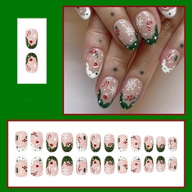 Christmas Press on Nails Short Almond Fake Nails French Tip Nails Press ons Full Cover False Nails with Snowfalse Designs Acrylic Nails Glossy Glue on Nails Short Stick on Nails for Women