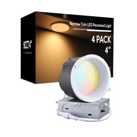 TORCHSTAR 4 Inch 5CCT LED Anti Glare LED Recessed Lights with J-Box, Narrow Trim Recessed Ceiling Light, Deep Trim Canless Downlight, Dimmable, CRI 90, 2700-5000K Selectable, ETL T24 FCC, Pack of 4