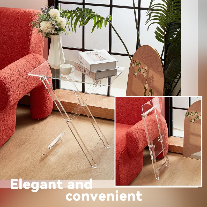 Beeveer 2 Pcs Acrylic Foldable TV Dinner Table Clear Small
