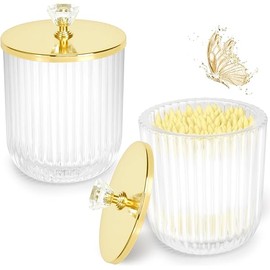 Jenseits 2PCS Qtip Holder Set, Clear Glass Apothecary Jars With Lid for Cotton Ball and Round Pad Storage, Bathroom Vanity Organization, Farmhouse Home Decor