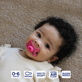 Difrax Natural Pacifier - 0 to 6 Months - Pink and Purple + Glow in the Dark Teat - Pack of 4