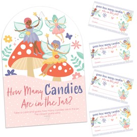 Big Dot of Happiness Let's Be Fairies - How Many Cardies Fairy Garden - Juego de fiesta de cumpleaños - 1 soporte y 40 cartas - Juego de adivinación de caramelos