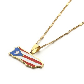 YIQPKUM Puerto Rico Flag Map Necklace Pendant Stainless Steel Gold Plated Jewelry Adjustable Chain Accessories Gifts for Puerto Rican (Gold Plated)