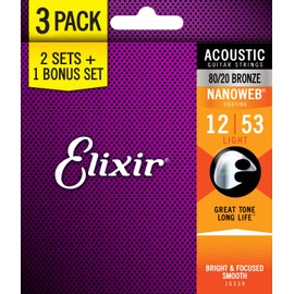 Elixir Strings 16539 Light 80/20 Bronze Nanoweb Acoustic Guitar Strings 3-Pack (.012.053)