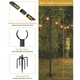 Tigerden 10Ft String Light Poles for Grass & Soil, Outdoor Light Stand with 5-Prong Fork Base, Heavy-Duty Metal Poles for Backyard, Garden & Patio Party Lighting, Rustproof & Adjustable, 2 Pack