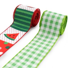 Estivaux 2 Rolls Summer Craft Ribbons for Wreath Bows, 2.5"×10 Yards Wired Edge Ribbons Green Buffalo Plaid Ribbon Watermelon Wired Ribbons for Crafting Sewing DIY Crafts Supplies