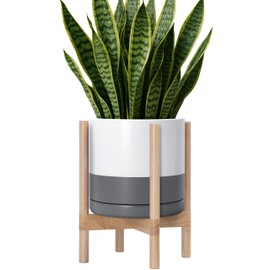 D'vine Dev Ceramic Planter with Natural Stand - 12 Inch Modern Round Flower Pot with Wood Planter Holder, White/Grey, 55-B-J-6