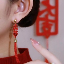 Red Tassels Wedding Statement Dangle Drop Earring S925 Sterling Silver Post for Women New Year Celebration Fashion Earrings Cubic Zirconia Crystal Chinese Style Long Dangling Piercing Xmas Gift