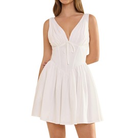 GLNEGE Women Summer Graduation Corset Mini Dresses Casual V Neck Flowy A-Line Cute Going Out Party Dress with Pockets White