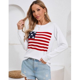 Drvitor Womens American Flag Sweater, Long Sleeve Crewneck Colorblock Striped Pullover with Drop Shoulder - Casual Knitted Sweaters (White, Medium)