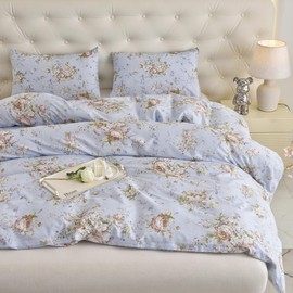 Duvet Cover Queen Size Rose Floral Bedding Peony Flower Quilt Cover Set Farmhouse Bedding 100% Cotton Soft Comforter Cover Set with Zipper Closure & Corner Ties (Blue, Queen)
