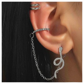 Yheakne Punk Snake Cuff Chain Earrings Silver Serpent Cartilage Earrings Snake Ear Wrap Earrings Gothic Snake Helix Chain Earrings Gold Long Chain Earrings Jewelry for Women and Girls (Silver)