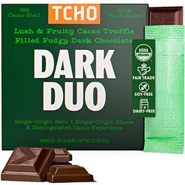 TCHO Dark Duo Dark Chocolate Bars (1 pack) | Single Origin, Plant Based, Organic & Fair Trade | Non GMO, Non-Dairy, Vegan, Soy Free - Fudgy Dark Chocolate w/Fruity Cacao Truffle Filling (2.5oz each)