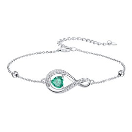praymos Emerald Bracelets, May Birthstone Infinity Bracelets for Womens 925 Sterling Silver Heart Cubic Birthstone Charm Bracelet Adjustable Chain Jewellery Gifts for Her Women Wife Mum (05-May)