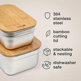 Calm Organics Stainless Steel Food Containers with Bamboo Cutting Board Lids | Set of 3 Reusable Meal Prep Boxes | Airtight Leak-Resistant | Dishwasher Safe | BPA-Free | 2, 4, 6 Cup Sizes