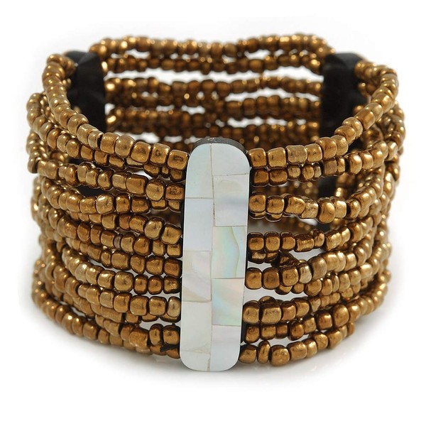 Avalaya Wide Multistrand Gold Bronze Glass Beaded Flex Bracelet With