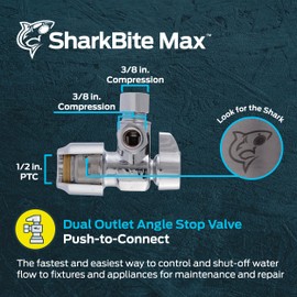 SharkBite Max 1/2 x 1/2 x 3/8 Inch Compression Dual Outlet Angle Stop Valve, Quarter Turn, Push to Connect Brass Plumbing Fitting, PEX Pipe, PE-RT, CPVC, Copper Pipe, UR25558