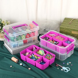 IGNPION Stackable Storage Box, 4 Layer Adjustable Plastic Storage Box with Carrying Handle Transparent Organizer Containers for Arts and Crafts Toys Sewing Accessories (Purple)