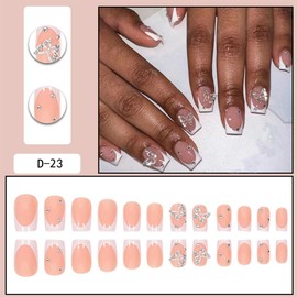 24Pcs Short Press on Nails Square French Tip Fake Nails with Charms Butterfly Designs White Nail Tips Full Cover Glue on Nails Short Square Acrylic False Nails Stick on Nails for Women Finger Manicure