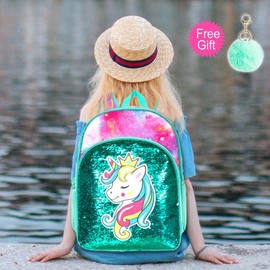 TXHVO 3PCS Unicorn Backpack, 16" Sequin Kids Bookbag for Girls, Elementary Preschool Preschool School Backpacks with Lunch Box - Green