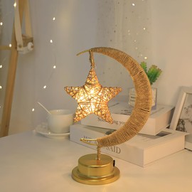 Rural Moon Lamp for Ramadan Decoration, Battery Powered Metal Vine Star Moon Ramadan Lamp Suitable for Home Bedroom Decoration Bohemian Farmhouse Kitchen Dinner Raman Dan Table
