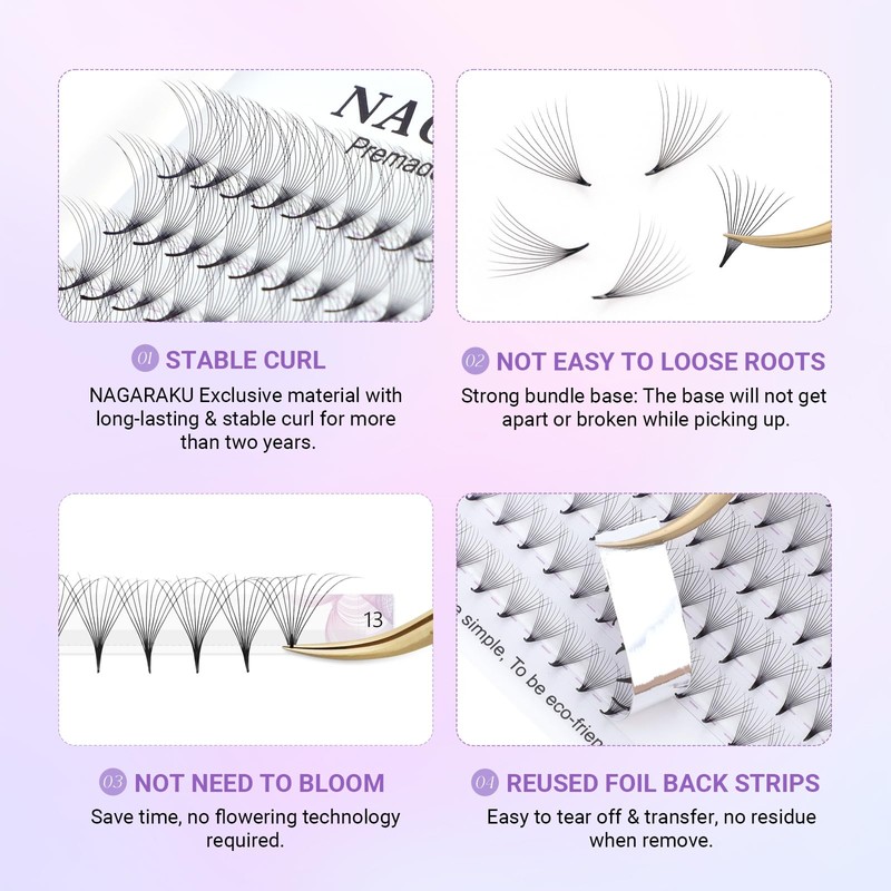 NAGARAKU 5D Ready-Made Fan Eyelashes, 320 Fans Volume, Premade Fans