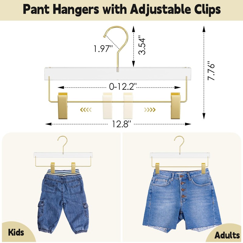 Acrylic Gold Pants Hangers with Adjustable Clips 10 Pack, Non-Slip