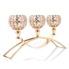 Gold Crystal Beaded Candle Holders 3 Arms Candelabra HurricaneTea Lights Candle Holder Wedding Coffee Dining Table Centerpiece Table Decorations Living Room Dinner Table Decor Gifts for Women Wife Mom