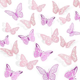 Crosize 48 Pcs Butterfly Decorations, 4 Styles 3 Sizes, Wall Decor, 3D Butterfly Party Decorations, Butterflies for Crafts, Bouquet, Cake Decorating, Flower Arrangements (Pink and Purple)