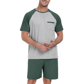 PrinStory Mens Pajama Set Summer Raglan Short Sleeve Tops and Shorts Pjs Green X-Large