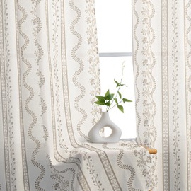Patterned Farmhouse Linen Curtains 84 Inch Length for Living Room,Neutral Boho Taupe Cream Floral Pattern Sheer Window Curtains 2 Panels Set