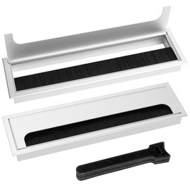 2 Pcs Desk Table Grommets, Aluminum Alloy Rectangle Cord Cable Wire Hole Covers Organizer, Cable Tidies Port Hole Covers with Brushes for Home Office Table (silvery, 280x80mm)