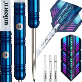 Unicorn Darts Set U-Tech | Prodigy Style 1 | 95% Tungsten Barrels with Navy Blue Titanium PVD Coating & Intricately Machined Grip Rings | Durable Ultrafly Flights | Steel Tip Volute Points | 24 g
