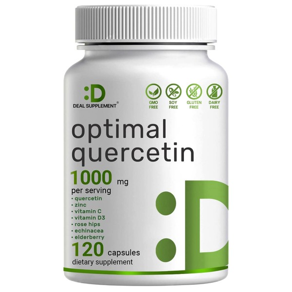 Optimal Quercetin Zinc Supplement, 1,000mg Per Serving with Vitamin C & D3 5,000IU – 120 Capsules – Promotes Immune & Antioxidant Properties