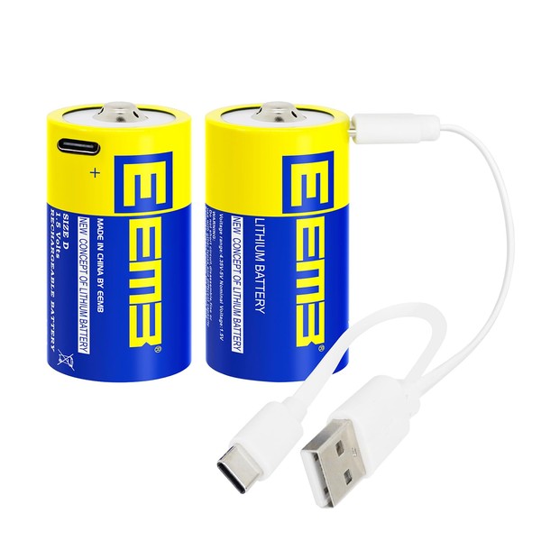EEMB - Paquete de 2 baterías D de 1,5 V recargables de celda D Baterías de litio recargables USB tipo C LR20 5550 mWh D Batería para linterna