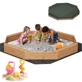 Wooden Octagon Sandbox with Cover, Outdoor Sand Box with 4 Bench Seats, Nylon Cover, Bottom Liner, Large Sandpit for Ages 3-8, Spacious Kids Sand Pit for Beach, Patio, Backyard