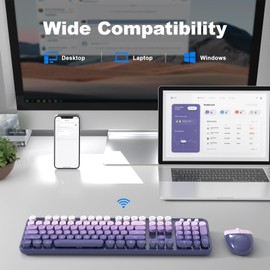 Wireless Keyboard and Mouse Combo, MOWUX Full Size Typewriter Retro Round Computer Keyboard, Cute Optical Mouse Wireless, Plug and Play, for Laptop, PC, Computer- Purple Gradient