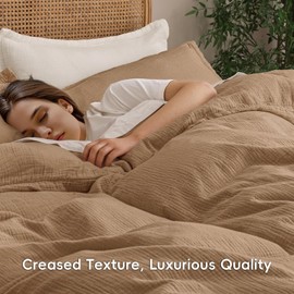 PHF 100% Natura Cotton Muslin Duvet Cover Set King Size, Ultra Soft Breathable Absorbent, Luxurious Minimalist Gauze Bedding for All Season, Duvet Set with 2 Pillow Shams, 104" x 90", Brown