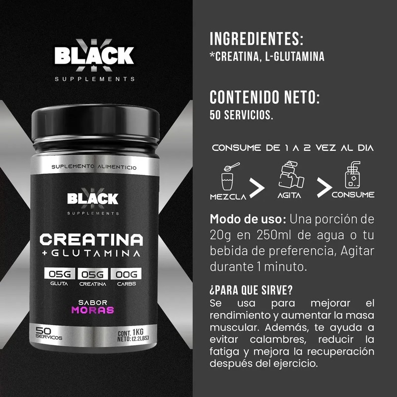 Black Creatina Glutamina 1 Kg 50 Servicios Varios Sabores