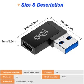 Xiatiaosann USB 3.0 to USB C 90 Degree Adapter, USB A 3.0 Male to Type-C Female Right Angle Converter, 10 Gbps OTG Adapter Compatible with Macbook, Type-C Phone (4 Pack)