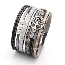 Luluadorn Women Tree of Life Leather Wrap Bracelet Grey Multi-Layer Wraps Wristband Bracelets