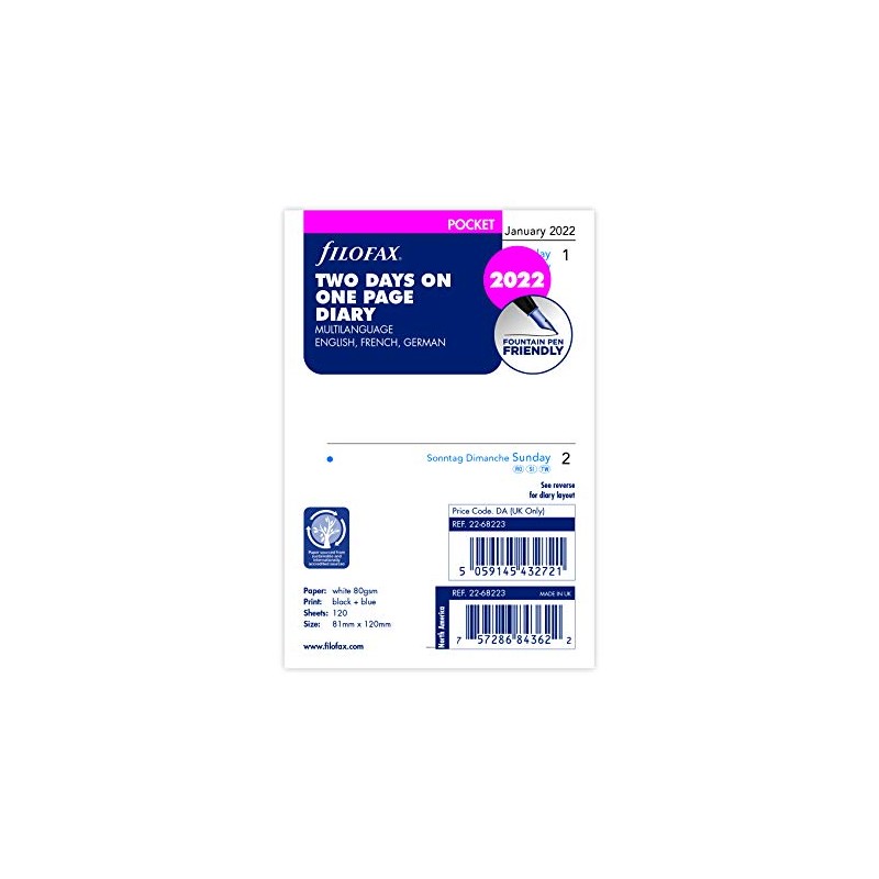 Filofax Pocket 2 Days on One Page (Multilingual) 2022, 22-68223