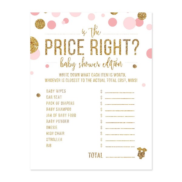 Andaz Press Blush Pink Gold Glitter Girl Baby Shower Party Collection, Games, Activities, Decorations, Is the Price Right Game Cards, 20-pack